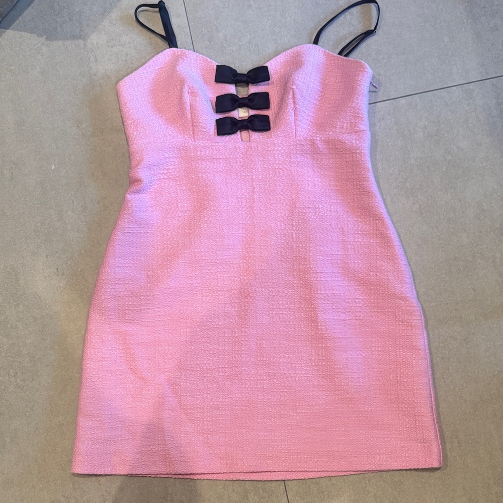 LoveShackFancy Pink Mini Dress with Black Bow Accents